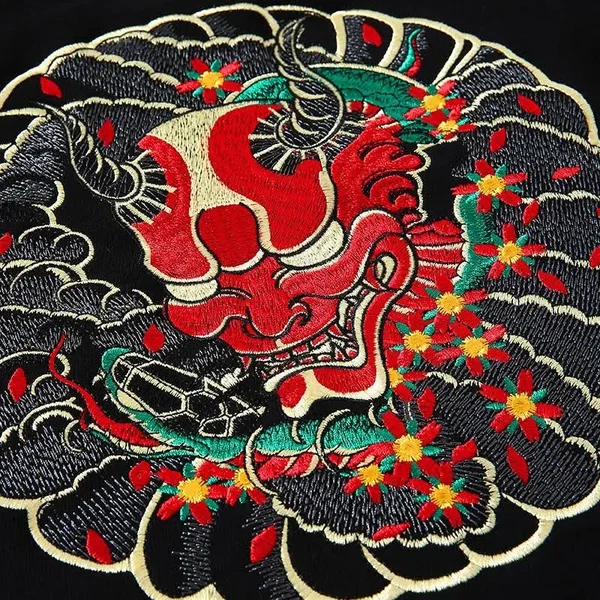 The Oni Embroidered Sukajan Hoodie L - Black