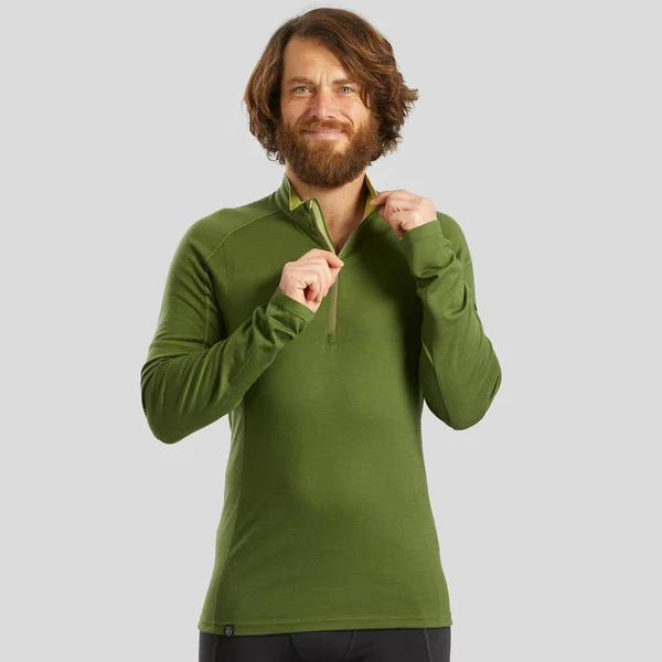 Forclaz Men's Trek 500, Zip Long Sleeved Merino Hiking T-Shirt in Black, Size Medium