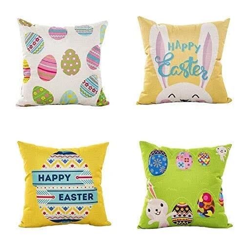Sufam Set of 4 Pillow Cases Happy Easter Rabbit and Eggs Bunny Cartoon Cute Throw Pillowcase Cover Cushion Case Home Decor 20x20