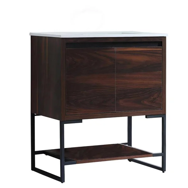 VanityFus 30 in. W x 35.04 in. H Free-Standing Bath Vanity in Walnut with Vanity Top in White with White Basin