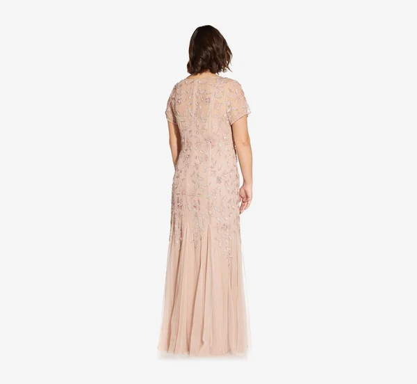 Adrianna Papell Hand Beaded Short Sleeve Floral Godet Gown - Blush, Size: 22
