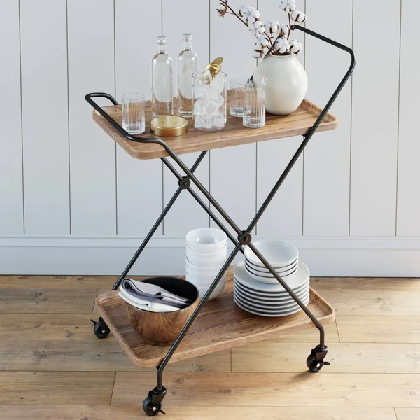 Nathan James Hallie Retro 2-Tray Beige Mid-Century with Black Metal Finish Rolling Bar Cart or Serving Cart