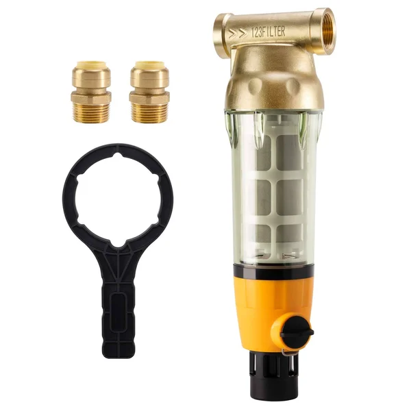 iSpring WSP100B Large Reusable Whole Spin-Down Sediment Water Filter with Scraper and Brass Top Clear Housing, 100 Micron