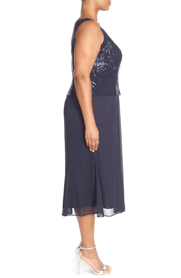Alex Evenings Plus Size Sequined Chiffon Dress and Jacket - 14W, Navy