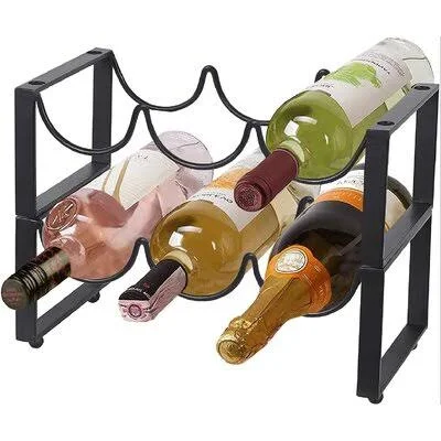 2 Tier Metal Wine Racks Countertop, Stackable Wine Bottle Storage Holder Free-Standing for Kitchen Pantry Cabinet, Hold 6 Bottle