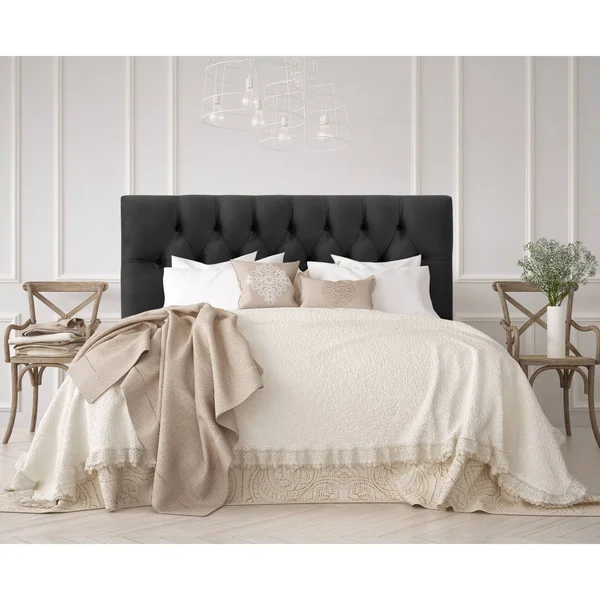 Full Edwardian Tufted Upholstered Headboard Black Velvet - Skyline Furniture