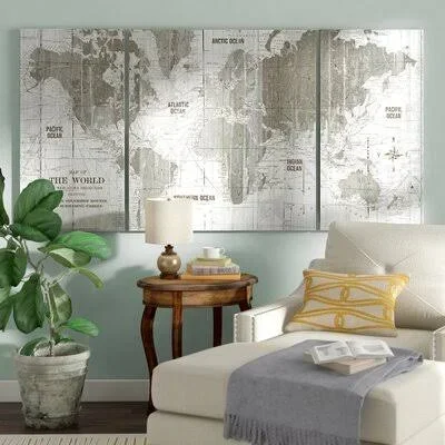 &Old World Map& Graphic Art Multi-Piece Image on Canvas Three Posts Size: 40x22 H x 80x22W x 1.5x22 D