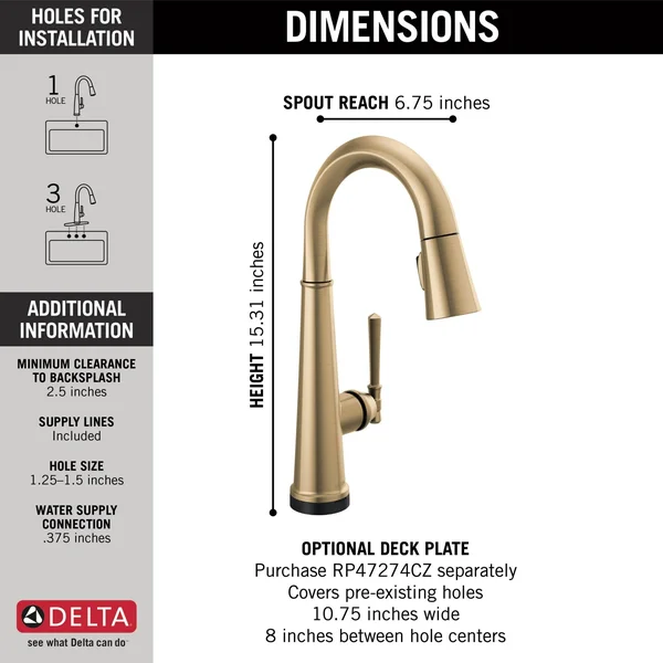 Delta 9982T-DST Emmeline Pull-Down Bar/Prep Faucet with On/Off Touch - Lumicoat Chrome