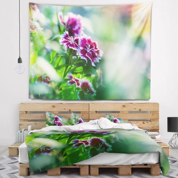 Designart 'Pink Flowers on Green Background' Floral Wall Tapestry - 92 in. x 78 in.