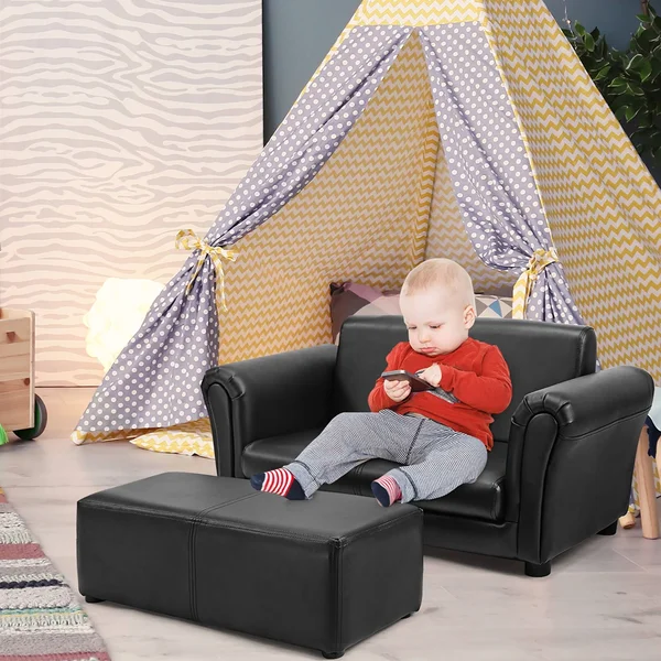 Children Sofa 2 Seat Armrest Chair Lounge with Footstool - Black