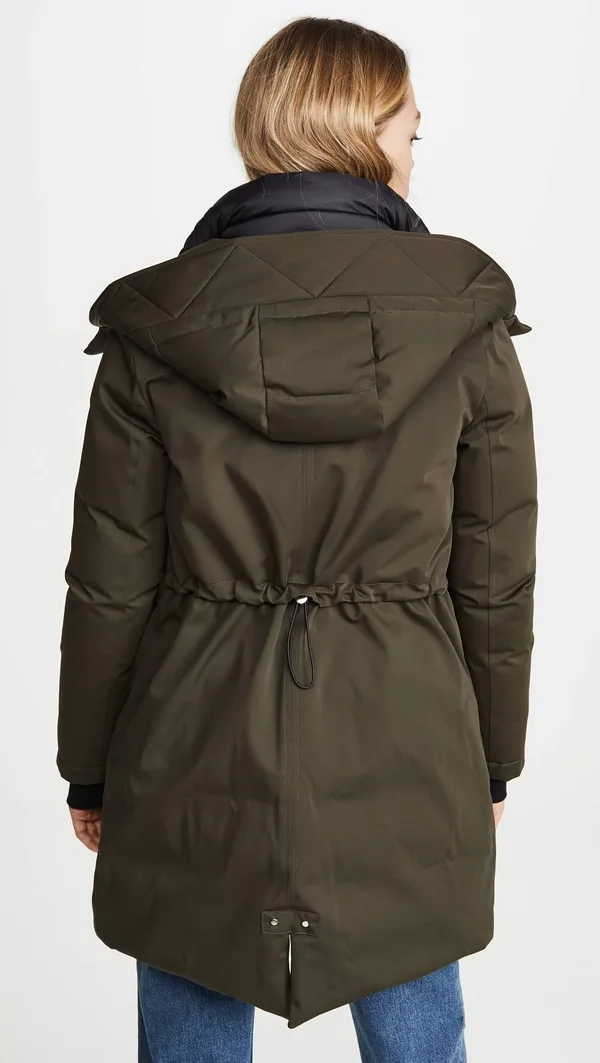 Soiau0026Kyo Belina Mid-Length Classic Down Coat with Puffy Bib - L, Army