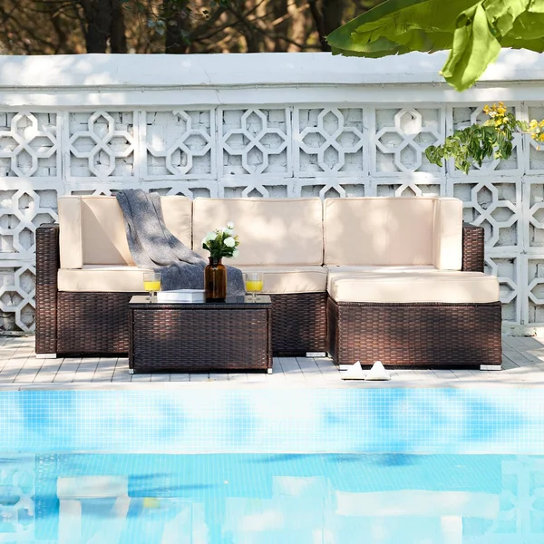 CO-Z 5 Pcs Outdoor Patio Furniture Set, Sectional Sofa, Table - Walnut & Blue, 29.5 x 29.5 x 25 in