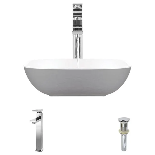 Rene R11-5003-Plt-R9-7003 Stone Composite Square Vessel Sink - Platinum, Chrome, Silver