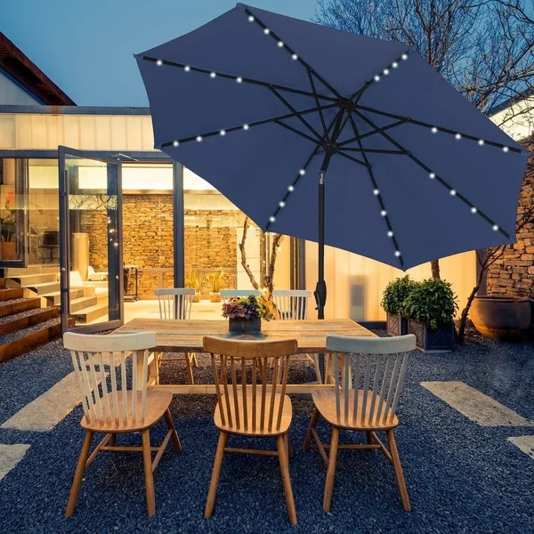 Zenova 9ft Solar 32 LED Lighted Umbrella Waterproof Sun Protection - Navy Blue