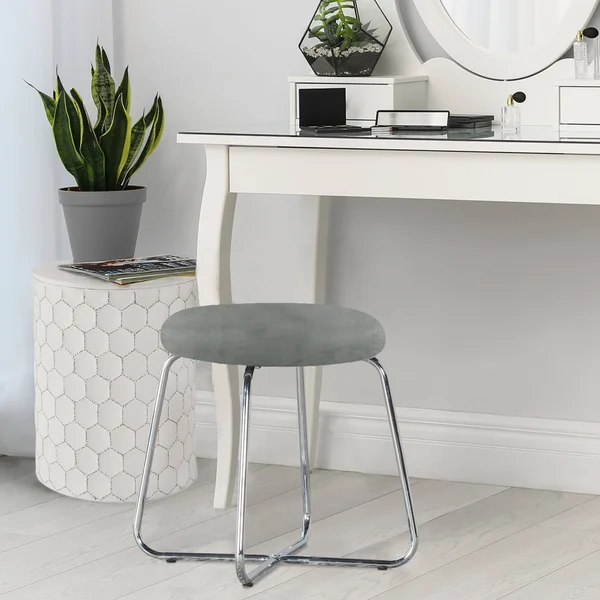 Hillsdale Furniture Regan Metal Vanity Stool, Chrome with Gray Velvet