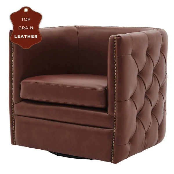Leslie Top Grain Leather Swivel Tufted Chair - Garrett Brown