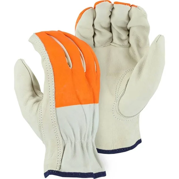 Leather Drivers Glove - BC-Grade Cowhide - Keystone Thumb, High Visibility Print Fingers, Majestic (Pk 12 Pairs) 3X-Large