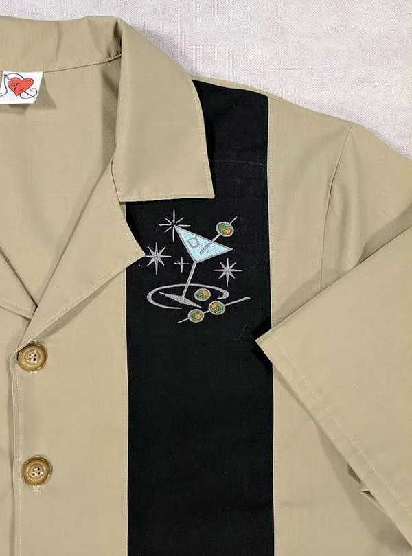Mens Bowling Shirt, Cocktail, Martini, Lounge Lizard, Retro, Rockabilly, Embroidered