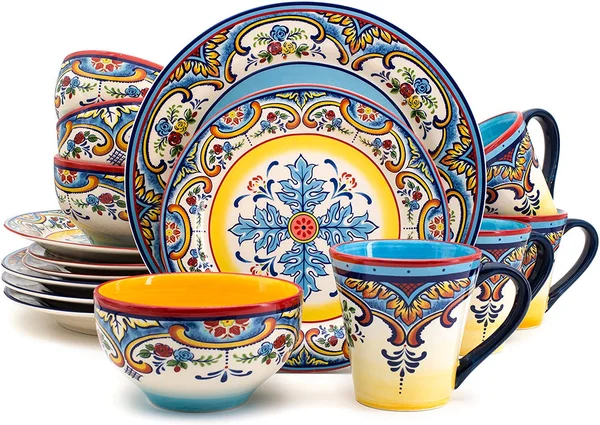 Euro Ceramica Inc. ys-zb-1001 Zanzibar Collection Vibrant Ceramic Earthenware Dinnerware Set - 16 Piece, spanish/mexican Floral D