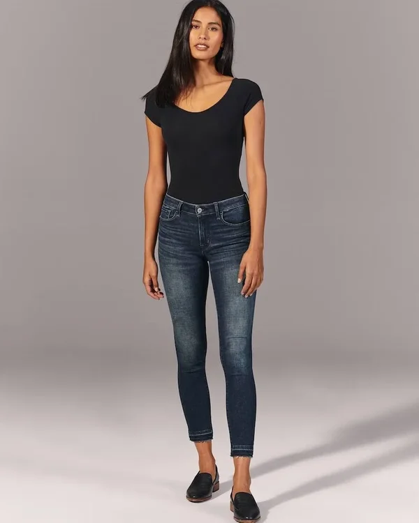 Abercrombie & Fitch Women's Mid Rise Super Skinny Ankle Jeans in Dark Wash with Let Down Hem - Size 28