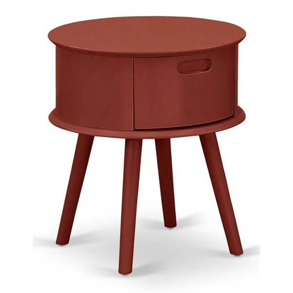 East West Furniture Gordon Round Night Stand End Table with Drawer in Burgundy Finish
