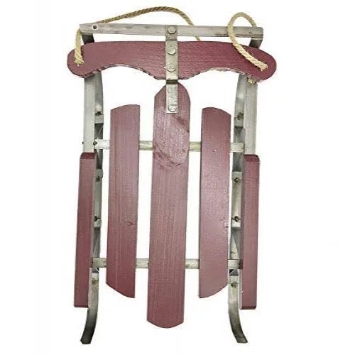 Home Collection Christmas Holiday Decor Wooden Decorative Old Fashioned Sled Metal Sled with Natural Jute Rope Accent Burgundy (