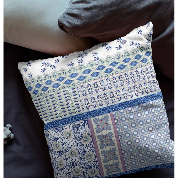 Amrita Sen Flower Castle Patchwork Suede Zippered Pillow W Insert in White and Pink - 18x22x18x22