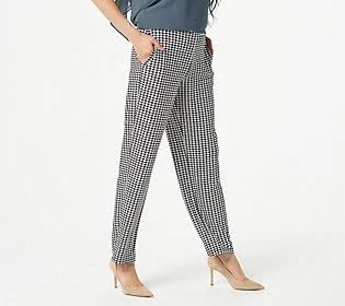 Susan Graver Regular Printed Liquid KnitPull-On Pants, Size Large, Ivory Hndstooth