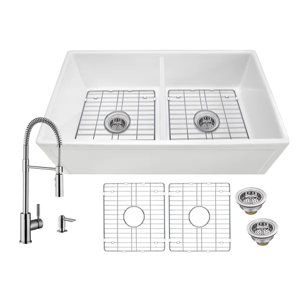 Soleil All-in-One White Fireclay Picture Frame/Plain Reversible 50/50 Double Bowl Apron Front Kitchen Sink with Pull Down Faucet