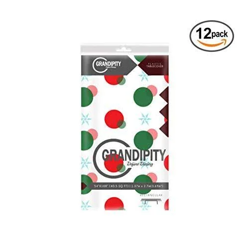 Red and Green Holiday Snow Flake Design 12 Pack Premium Disposable Plastic Tablecloth 54 inch. x 108 inch. Rectangle Table Cover