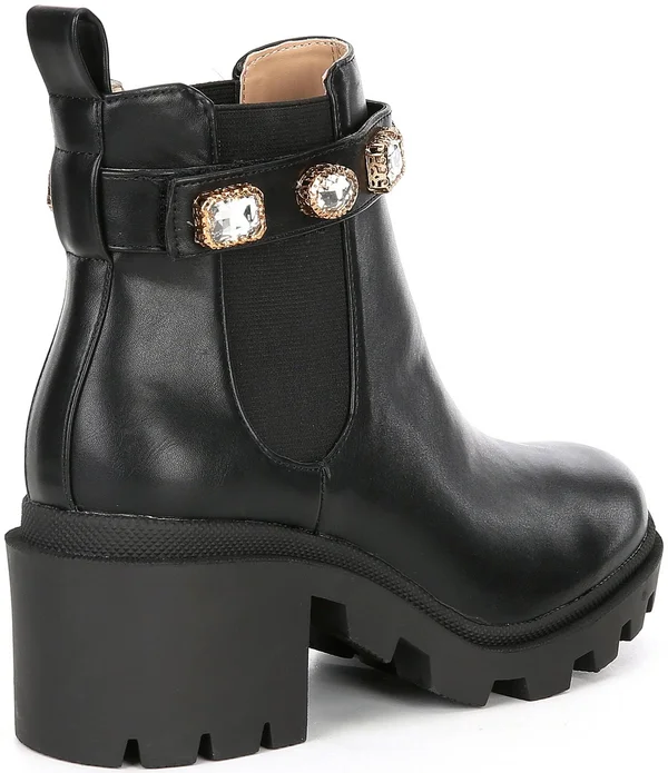 Steve Madden Amulet Jewel Embellished Lug Sole Block Heel Combat Booties, Womens, 6M, White