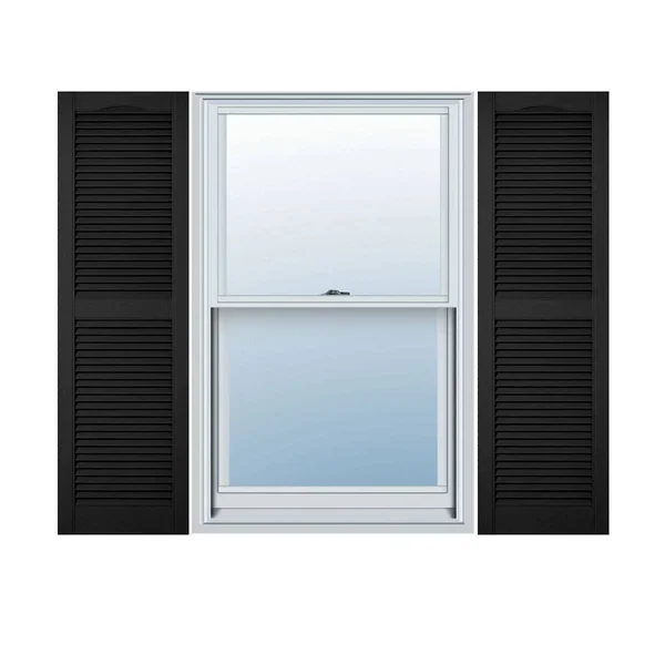 18 inchw x 29 inchh Lifetime Vinyl, Custom Straight Top Center Mullion, Open Louver Shutters, Black
