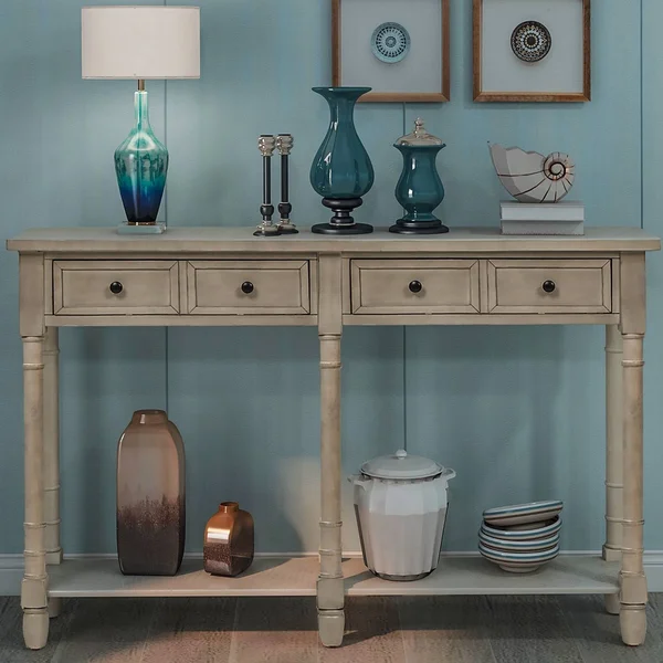 Grey Wash Entryway Console Table with 2 Drawers and Bottom Shelf - Wood