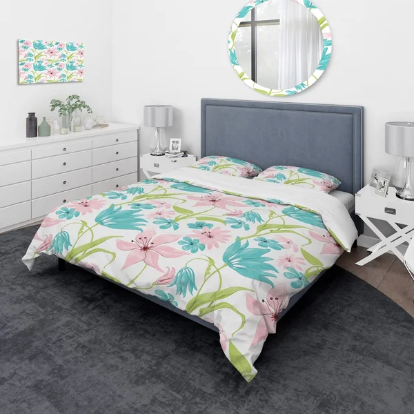 Designart &Pink and Blue Flowers Drawing& Floral Bedding Set - Duvet Cover & Shams - Twin Cover + 1 Sham (comforter Not Incl