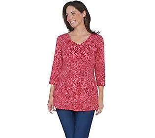 Denim & Co. Animal Print 3/4 Sleeve Fit & FlareTunic Top, Size X-Small, Apple Red