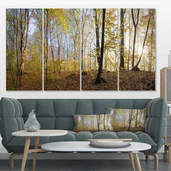 Designart &Green Autumn Forest in Morning& 4 Piece Wall Art on Wrapped Canvas Set