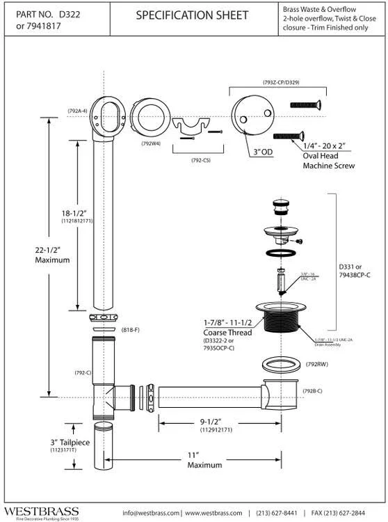 Westbrass D322-50 22-1/2-Inch Brass Twist & Close Drain Bath Waste and Overflow, Powder Coat White