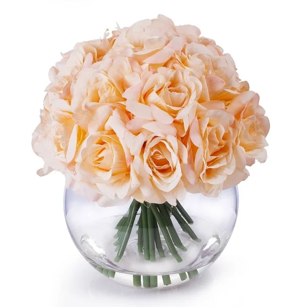 Enova Home 21 Heads Rose Silk Flower Arrangement in Round Clear Glass Vase with Faux Water - Pink