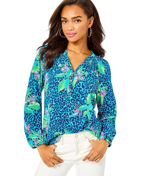 Lilly Pulitzer Womens Elsa Silk Top (Onyx Can You Zee Me) (Size M)