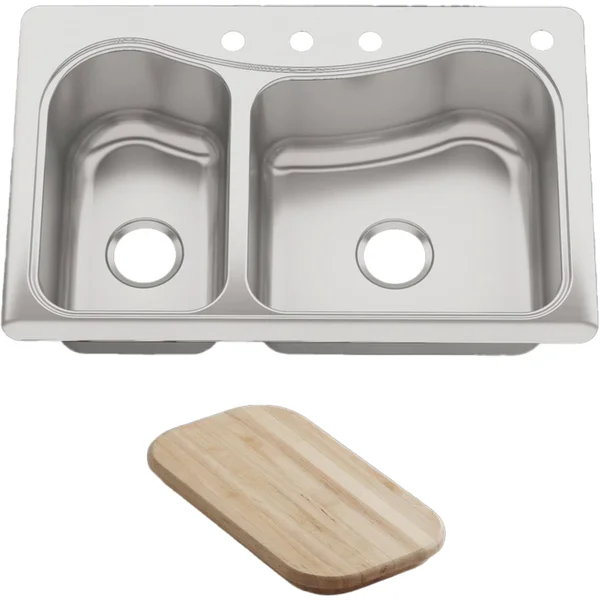 Kohler K-3361-4-NA Stainless Steel Staccato 33 inch x 22 inch Top-Mount large/medium Double-Bowl Kitchen Sink with 4 Faucet Hole