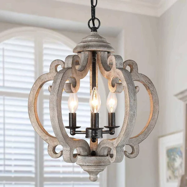 LNC Cottage Crown Chic 3-Light Distressed Gray Wood Chandelier with Farmhouse Wood Candlestick Pendant