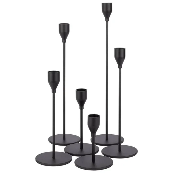 Koyal Wholesale Black Candlestick Taper Candle Holders - Tall Table Wedding Centerpiece, Modern Minimalist Decor, Set of 6