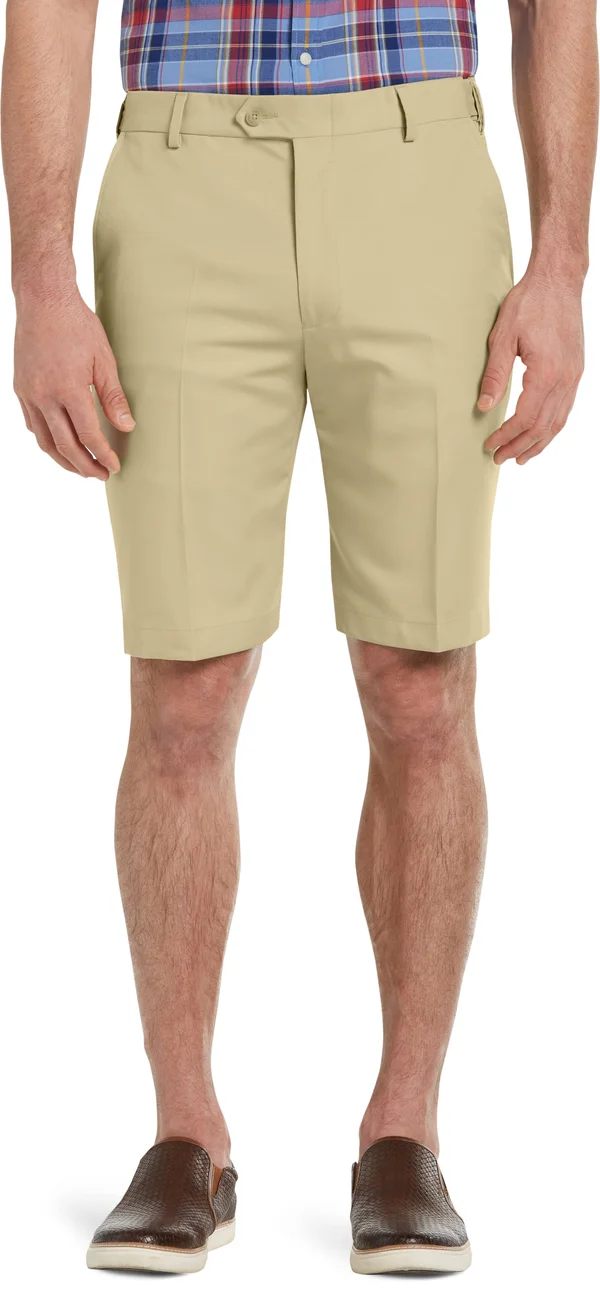 JoS. A. Bank Men's Traveler Performance Flat Front Tailored Fit Comfort Waist Shorts, Tan, 33 Regular
