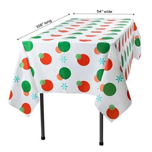 Red and Green Holiday Snow Flake Design 12 Pack Premium Disposable Plastic Tablecloth 54 inch. x 108 inch. Rectangle Table Cover