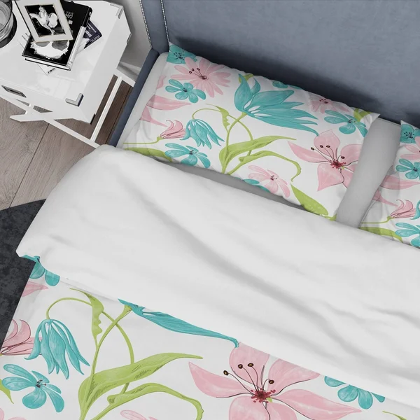 Designart &Pink and Blue Flowers Drawing& Floral Bedding Set - Duvet Cover & Shams - Twin Cover + 1 Sham (comforter Not Incl