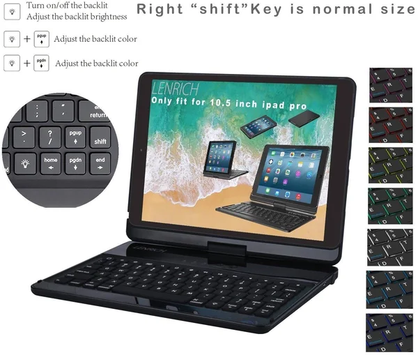 iPad Pro 10.5 Case with Keyboard Backlit - LENRICH 7 Colors Backlight 360 Rotatable Bluetooth Wireless