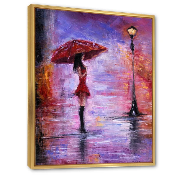 Designart &The Woman with The Umbrella Walking in The Rain I& French Country Framed Canvas Wall Art Print - 30 in. Wide x 40 in.