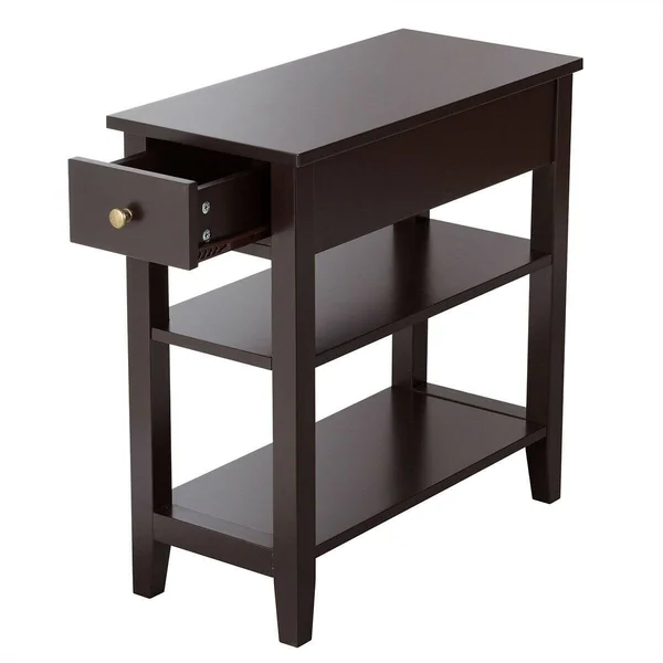 3-Tier Nightstand Bedside Table Sofa Side with Double Shelves Drawer-Coffee