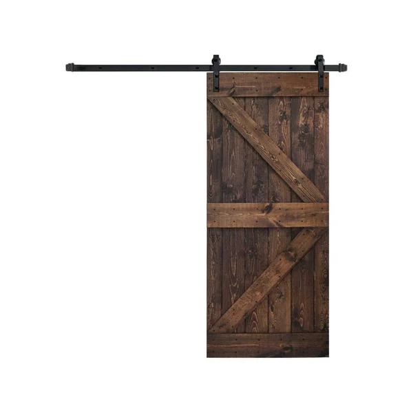 WELLHOME K Series 36 in. x 84 in. DIY Kona Coffee Finished Knotty Pine Wood Sliding Barn Door with Hardware Kit