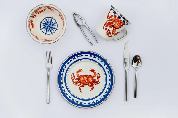 Golden Rabbit Enamelware - Set of 4 - Crab House Pattern - Grande Mugs